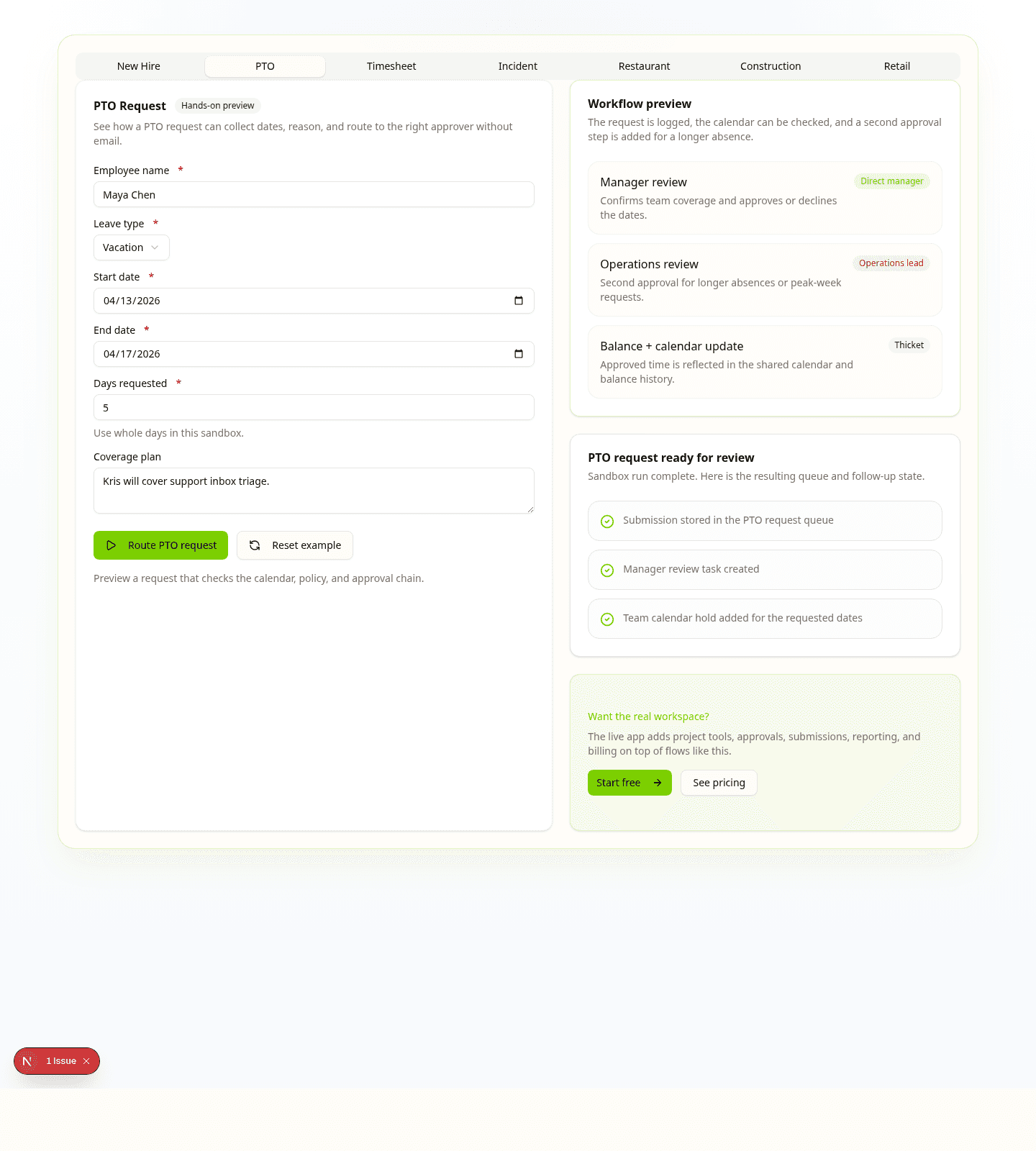 Thicket PTO request screenshot