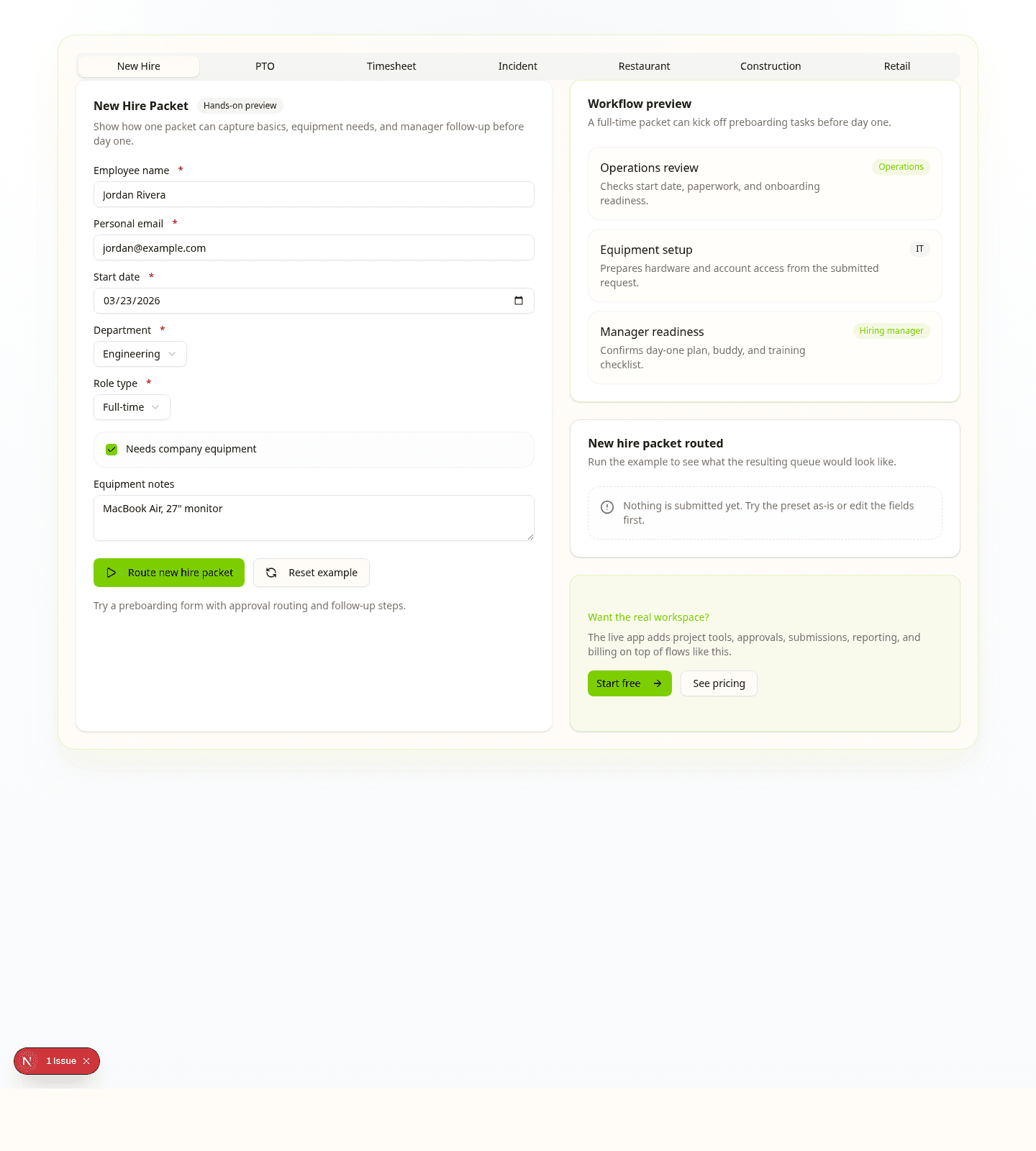 Thicket employee form screenshot