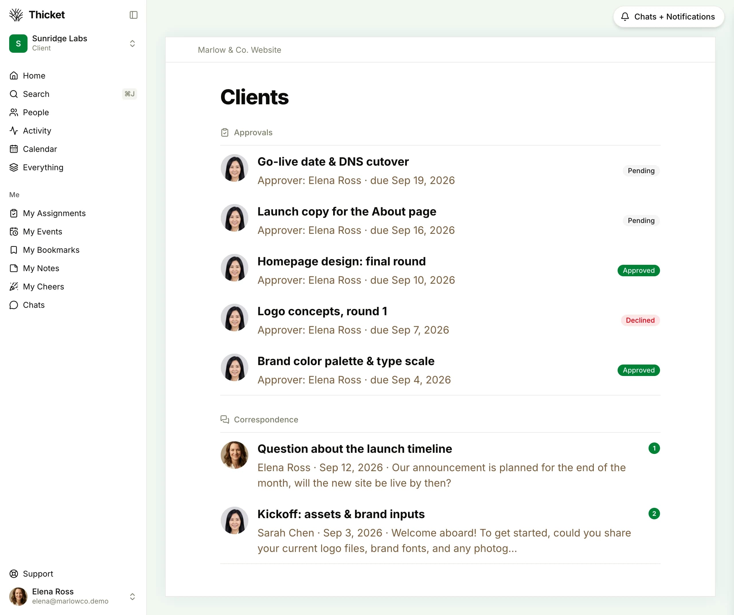 The Clients tool in a Thicket project, signed in as the client: five approvals with pending, approved, and declined statuses, each with the approver and due date, and two correspondence threads