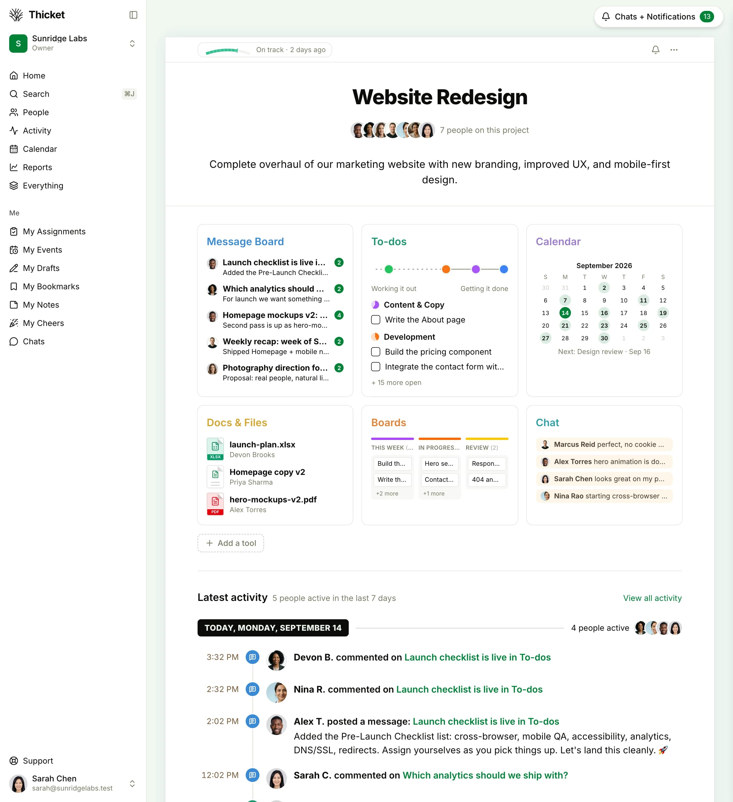 A populated Thicket project with messages, to-dos, docs and files, schedule, boards, and chat