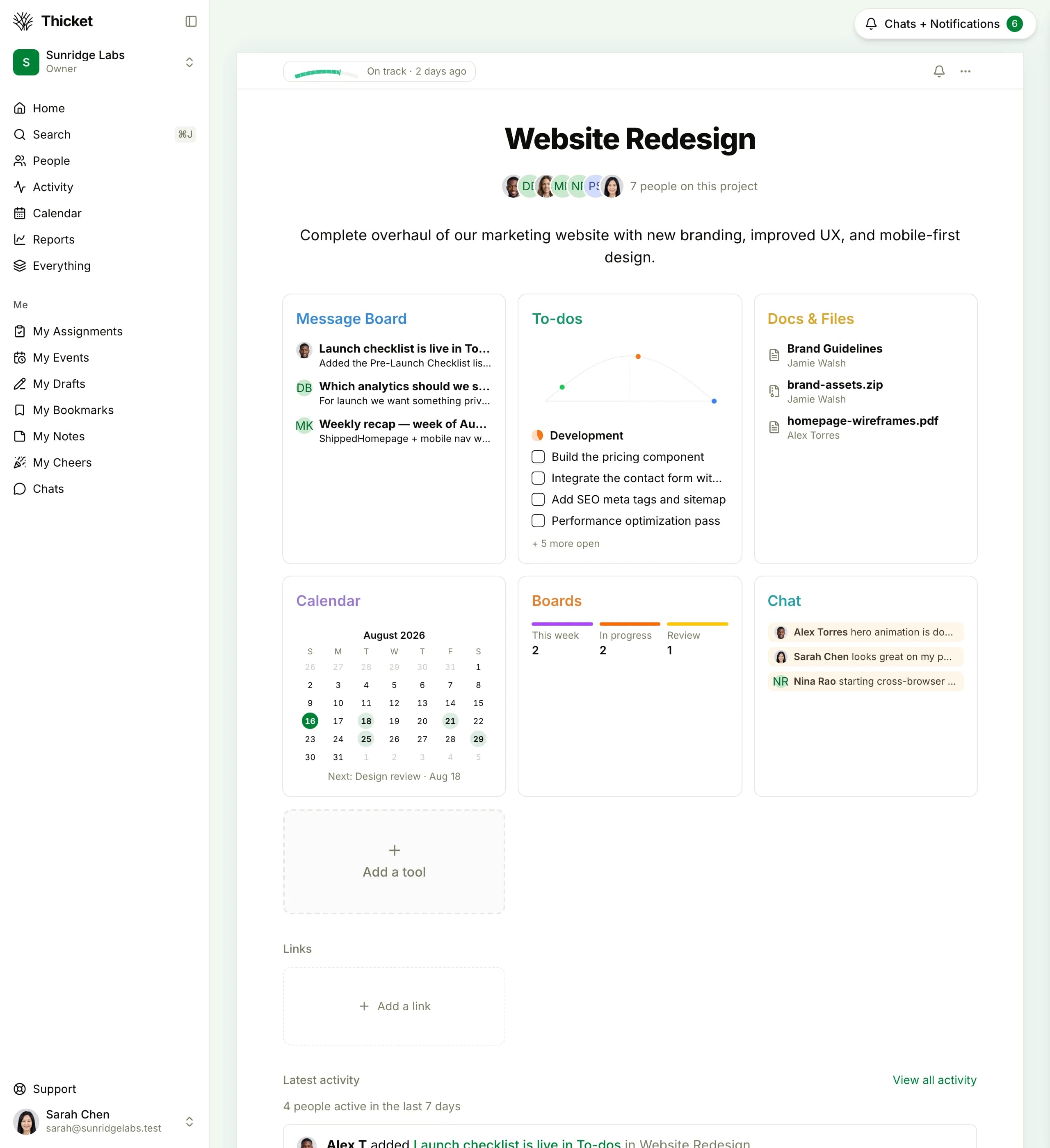 A real Thicket project with message board, to-dos, docs and files, schedule, boards, and chat on one screen
