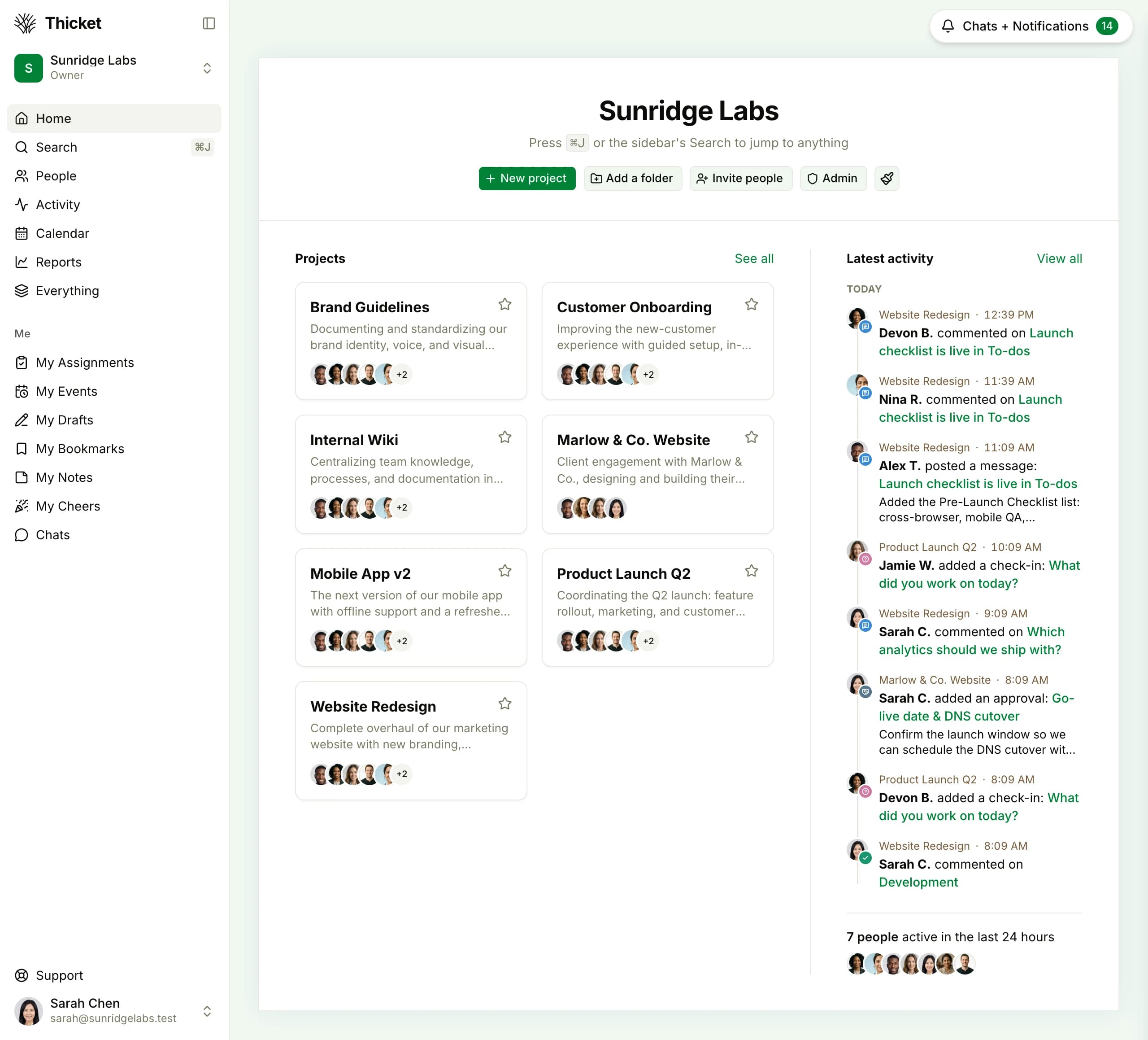 Thicket home showing every project with members and latest activity