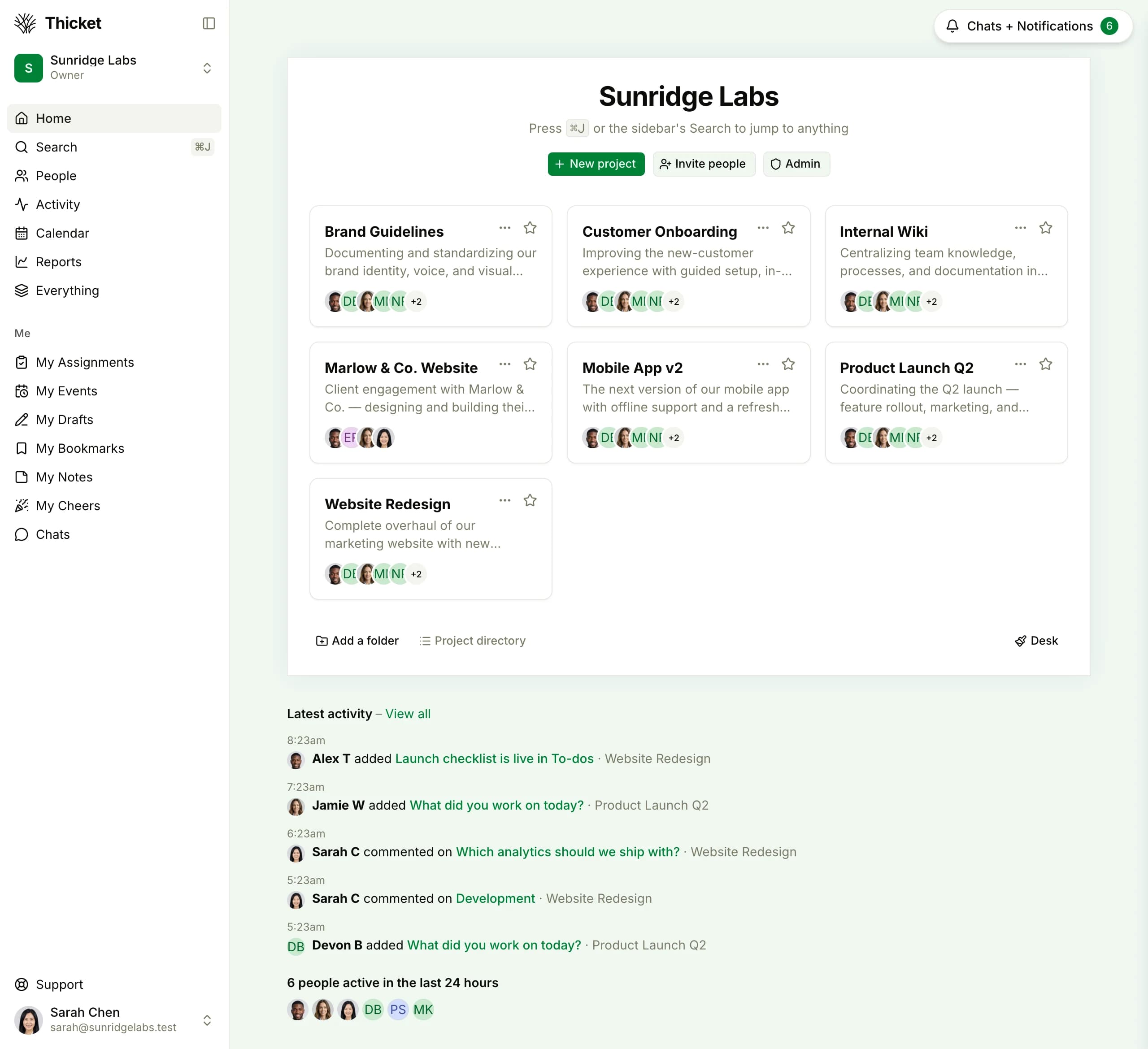 Thicket home showing every project with members and latest activity