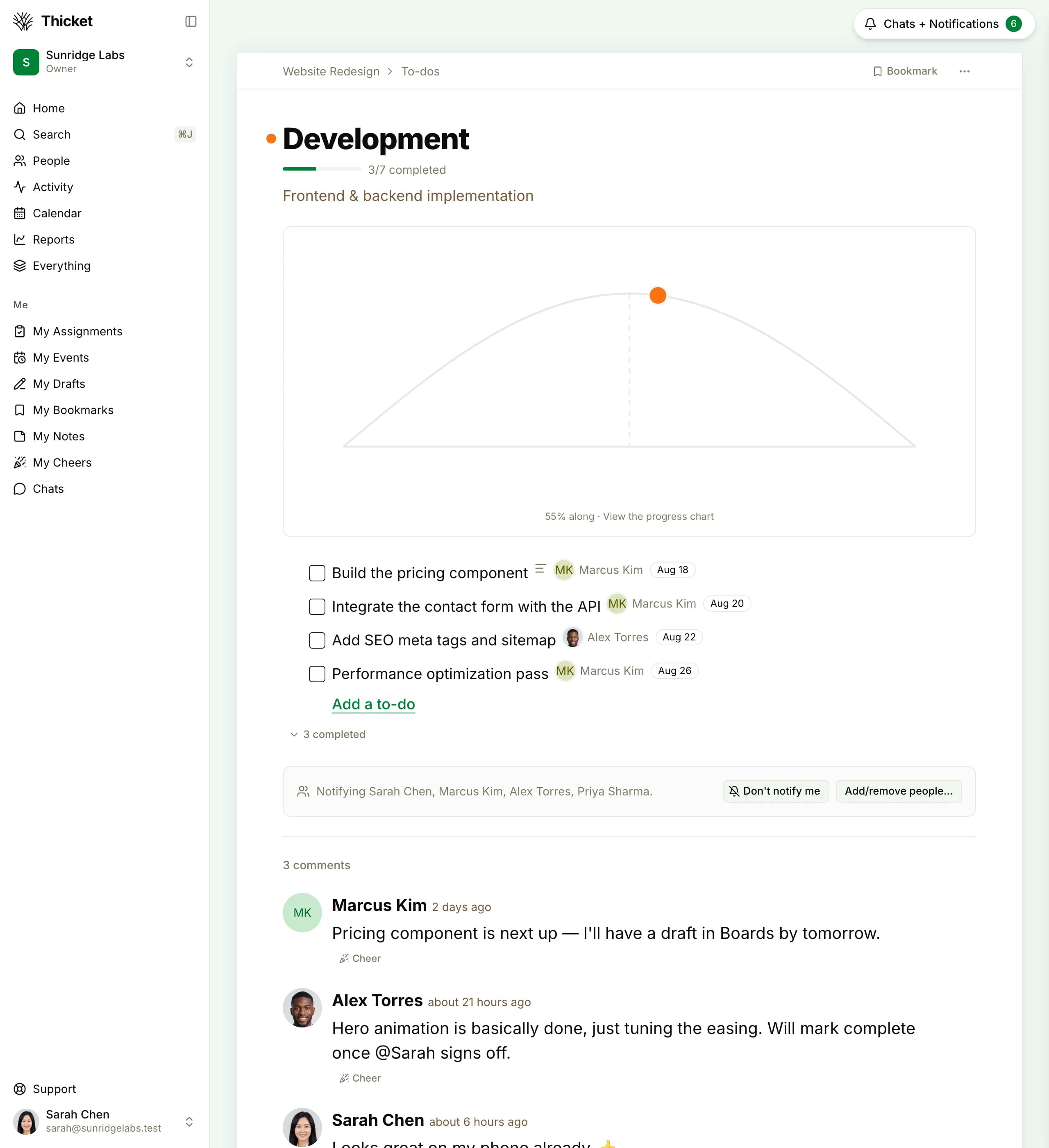 Thicket to-do list with assignments, due dates, and completion tracking