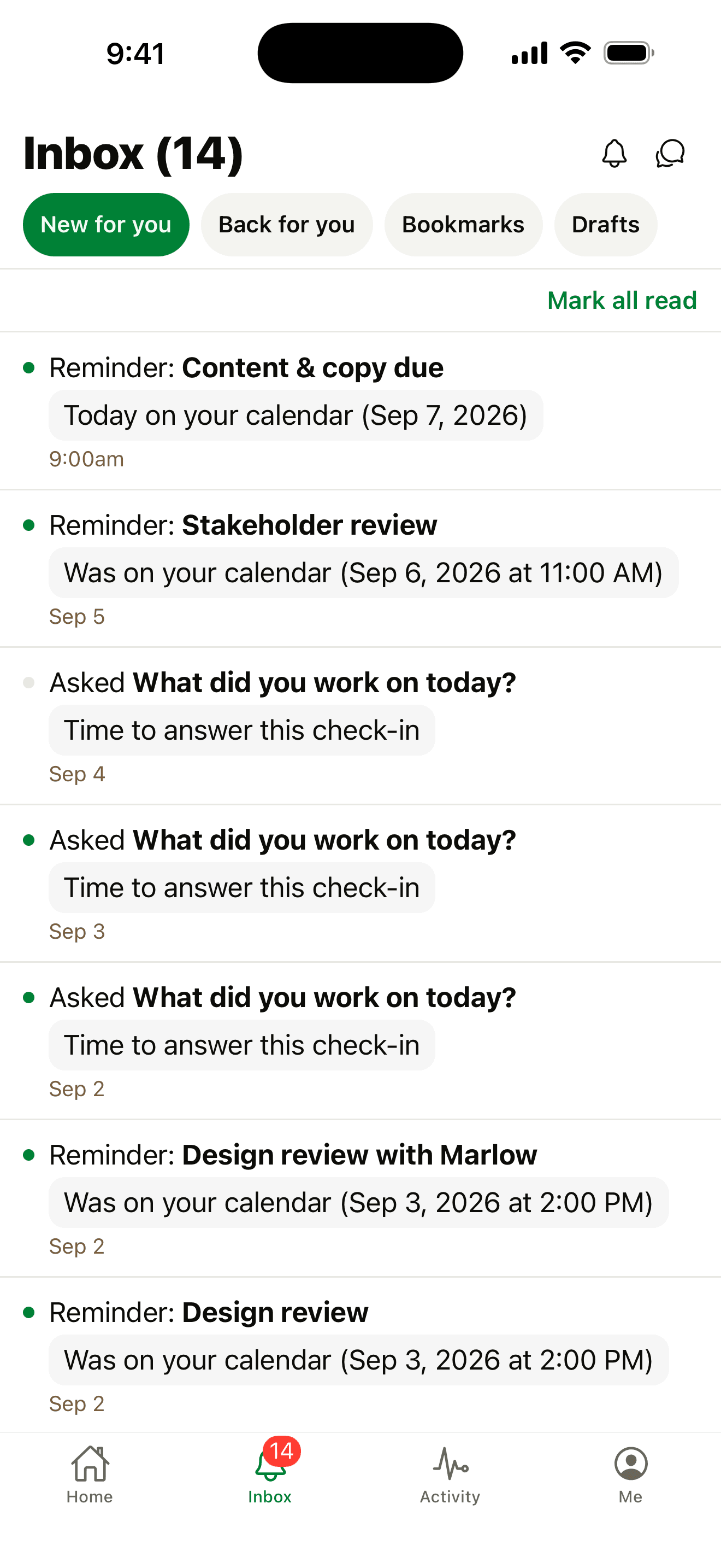 Thicket Inbox on iPhone showing reminders and check-ins in one place