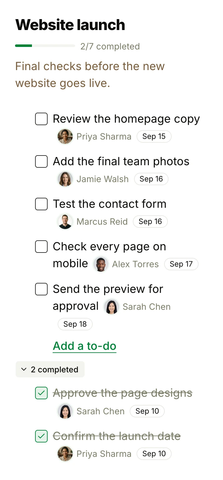 Website launch to-do list in Thicket: five open tasks with owners and due dates, and two completed tasks
