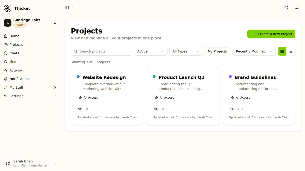 Thicket projects dashboard showing multiple projects with team members, status indicators, and search filters